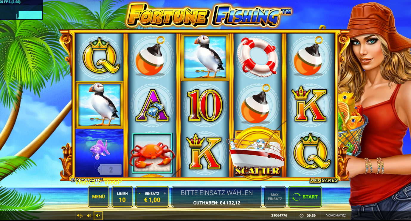 Fortune-Fishing-Slot mit Seevogel, Bojen, Rettungsring, Krabbe, Boot‑Scatter und Kartensymbolen