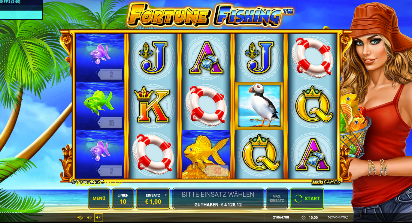 Fortune-Fishing-Slot mit bunten Fischen, Rettungsringen, Seevogel und Kartensymbolen.