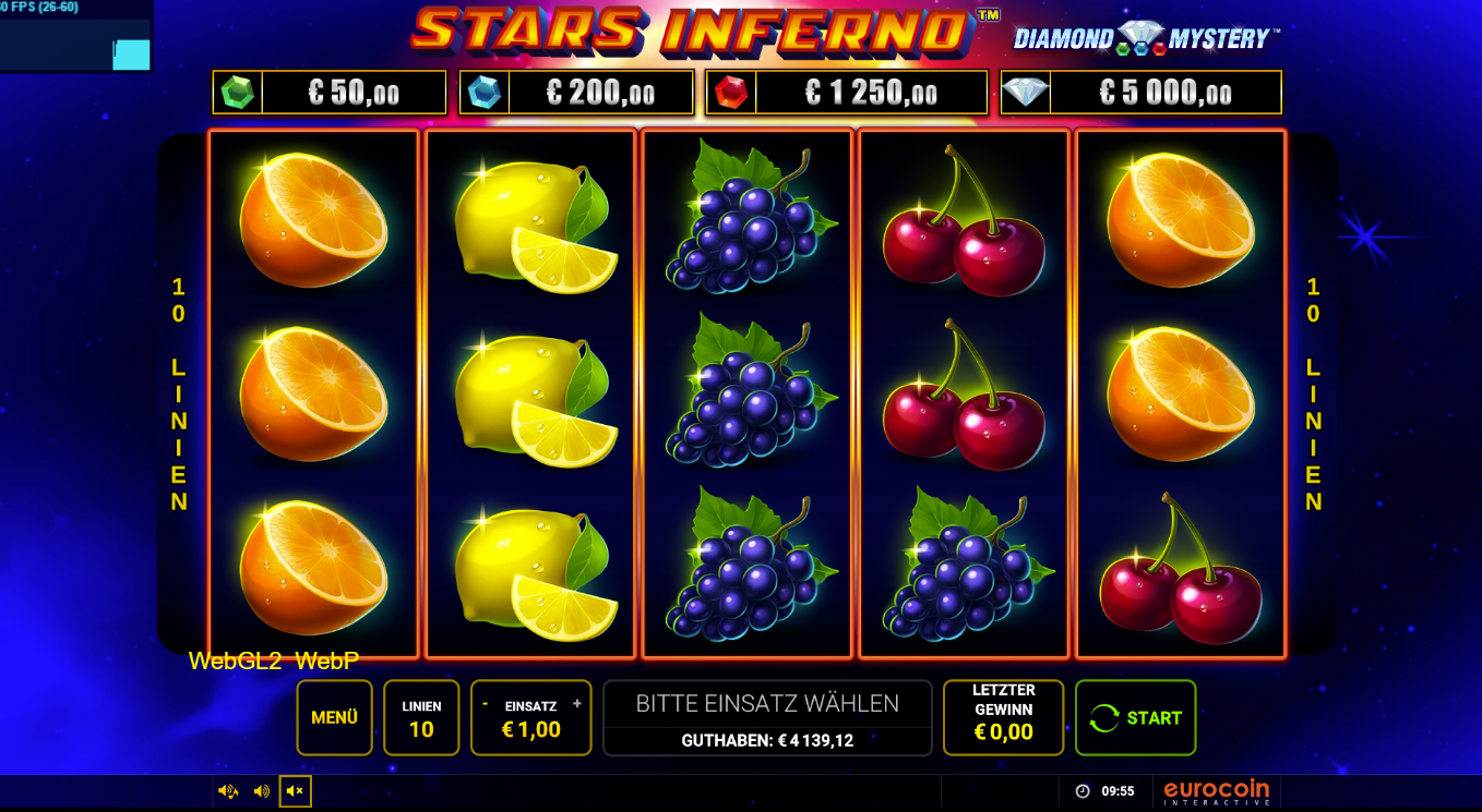 Stars-Inferno-Slot mit Orangen, Zitronen, Trauben und Kirschen.