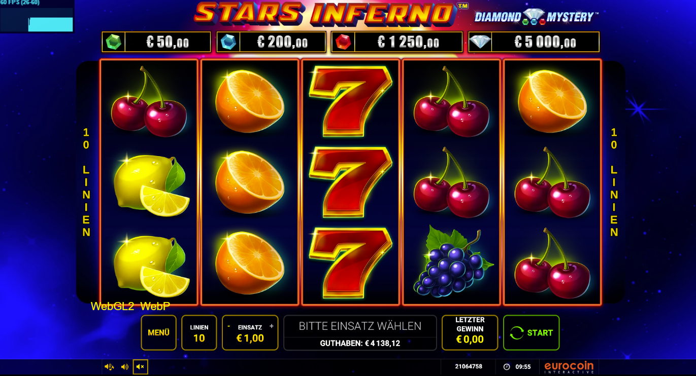 Stars-Inferno-Slot mit roten Siebenen, Kirschen, Orangen, Zitronen und Trauben.
