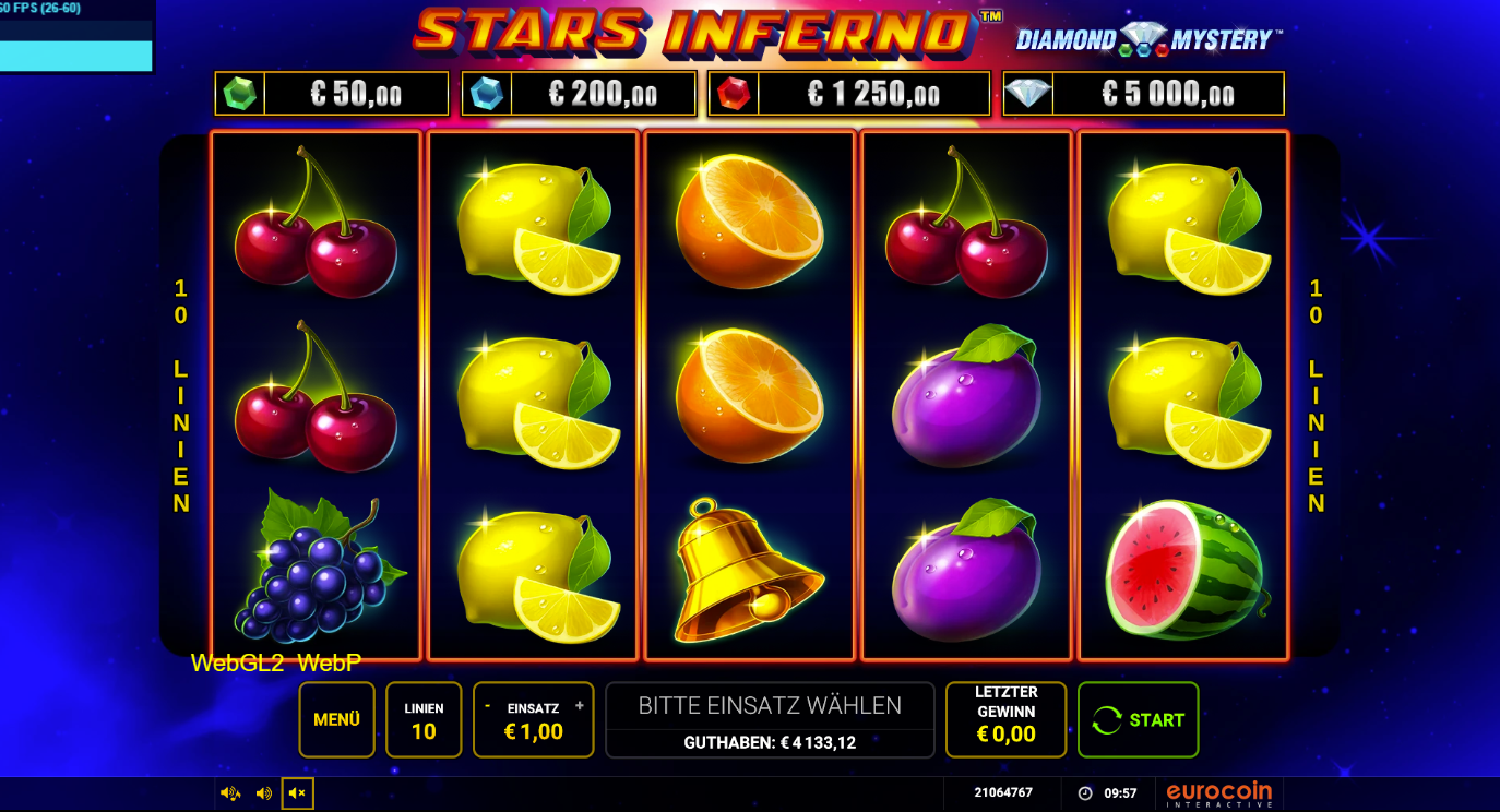 Stars-Inferno-Slot mit Zitronen, Orangen, Kirschen, Trauben, Glocke und Melone.