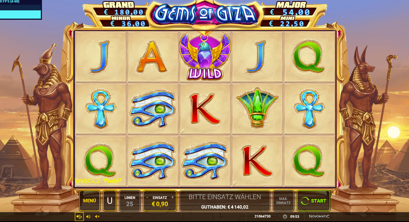 Gems-of-Giza-Slot mit Wild‑Skarab&auml;us, Auge des Horus, Ankh und Kartensymbolen.