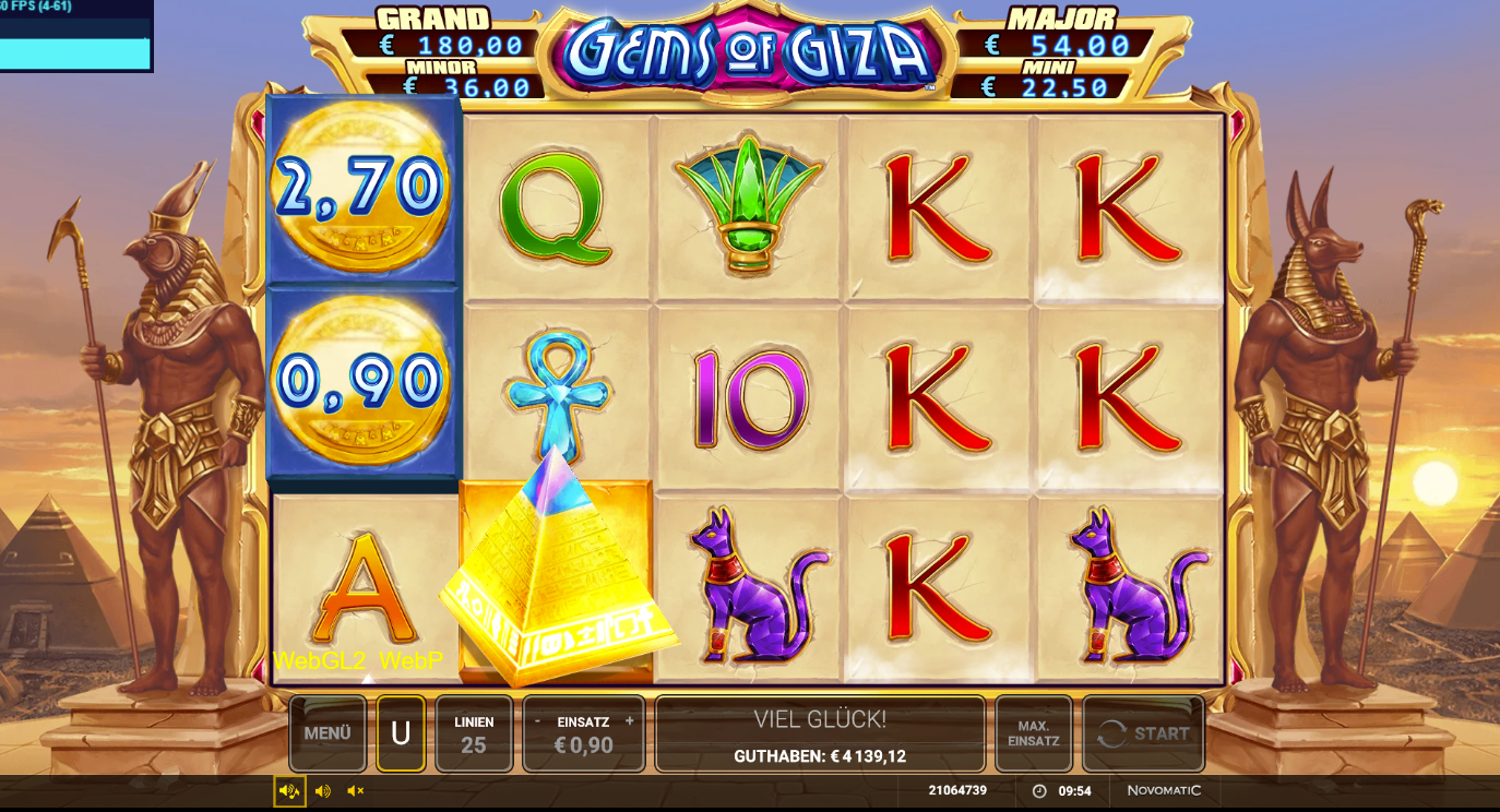 Gems-of-Giza-Slot mit Pyramiden‑Bonus, M&uuml;nzsymbolen, Skarab&auml;en, Katzenfigur und Kartenwerten.
