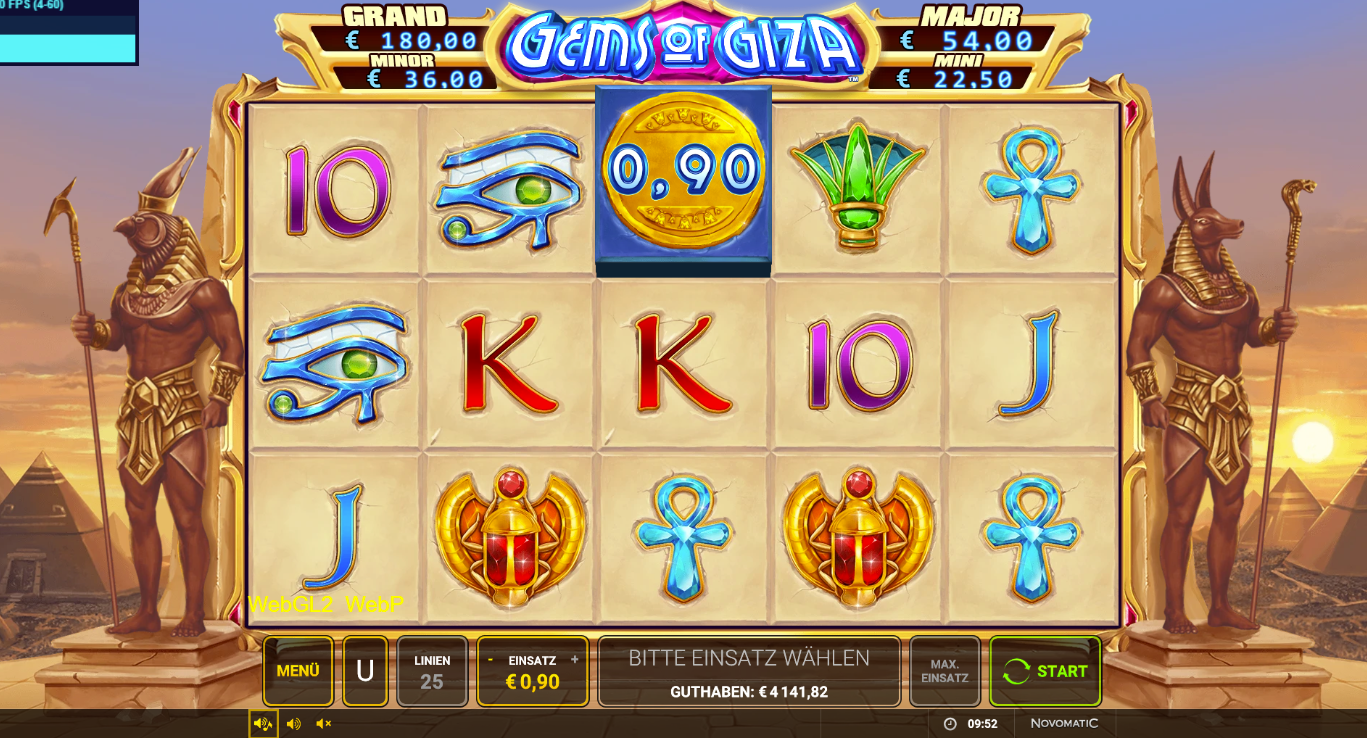 Gems-of-Giza-Slot mit Auge des Horus, Skarab&auml;en, Ankh, Kartenwerten und M&uuml;nzsymbol.
