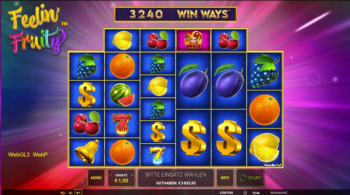 Feelin-Fruity-Win-Ways-Slot mit Joker‑Wild, Dollarzeichen, Siebenen und bunten Fr&uuml;chten.