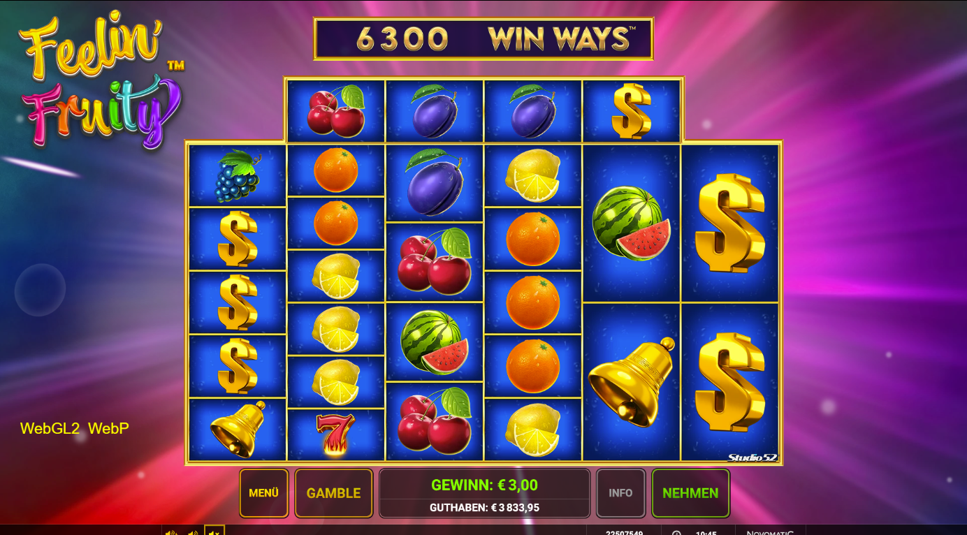 Feelin-Fruity-Win-Ways-Slot mit Dollarzeichen, Glocken, Siebenen und Fr&uuml;chten.