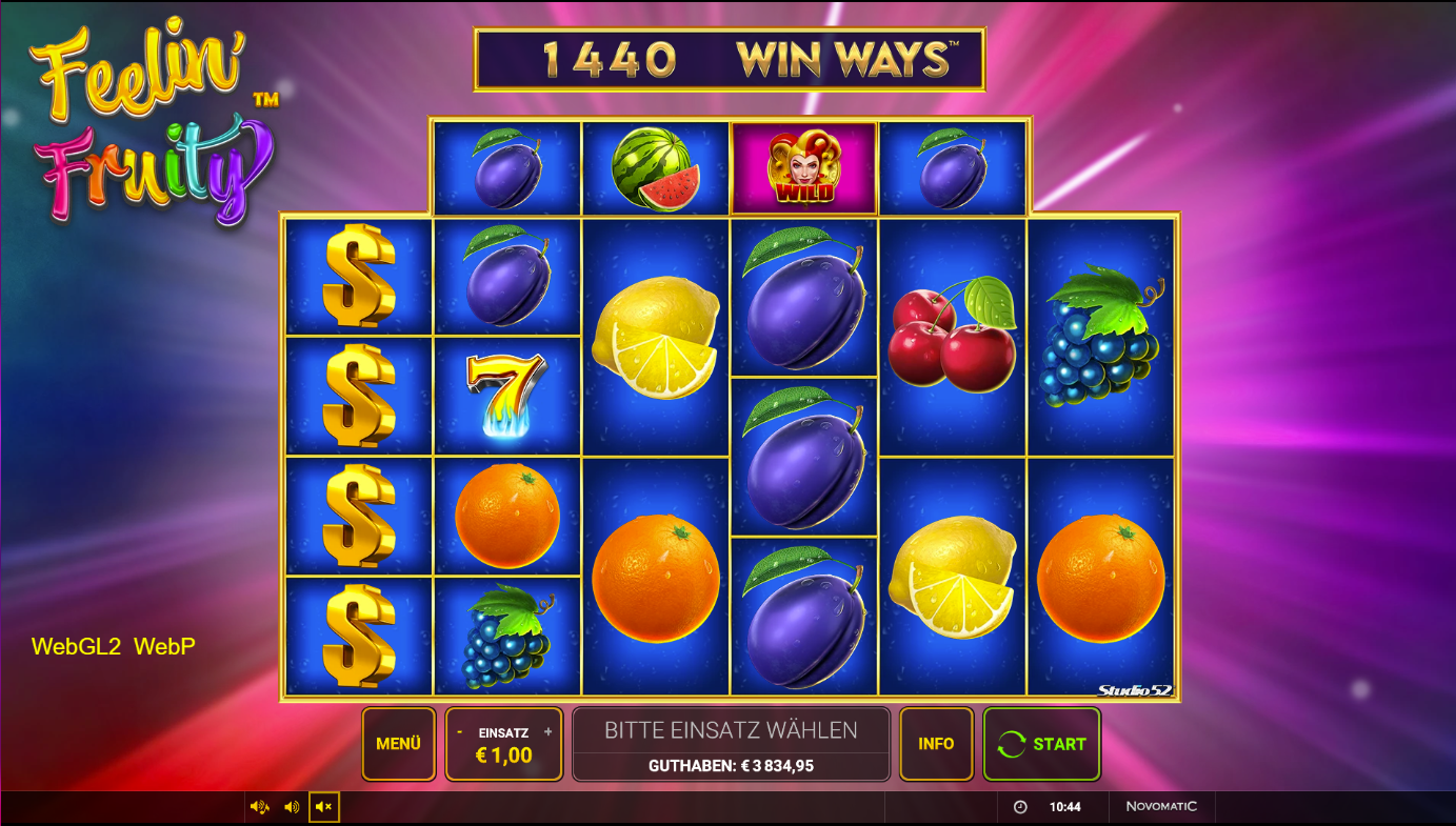 Feelin-Fruity-Win-Ways-Slot mit Joker‑Wild, Dollarzeichen, Siebenen und Fr&uuml;chten.