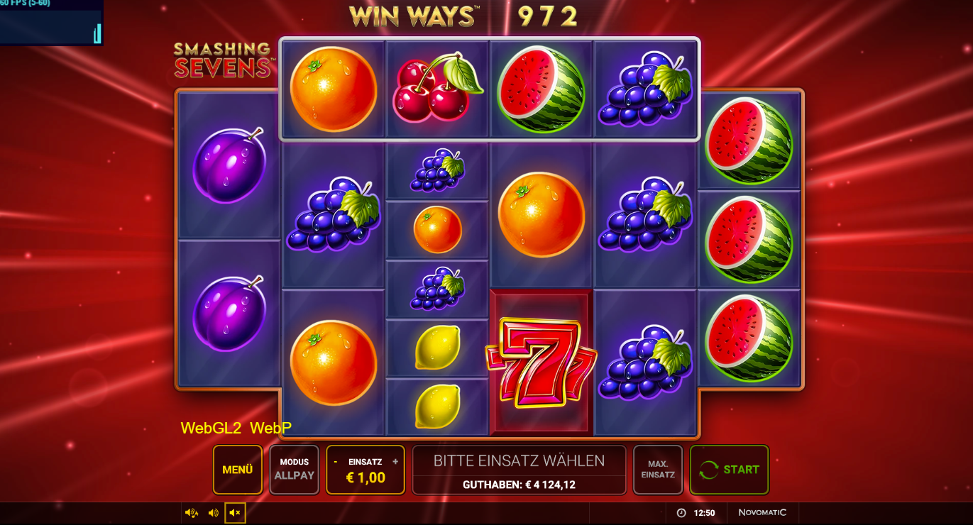 Smashing-Seven-Win-Ways-Slot mit Sieben, Orangen, Kirschen und Melonen