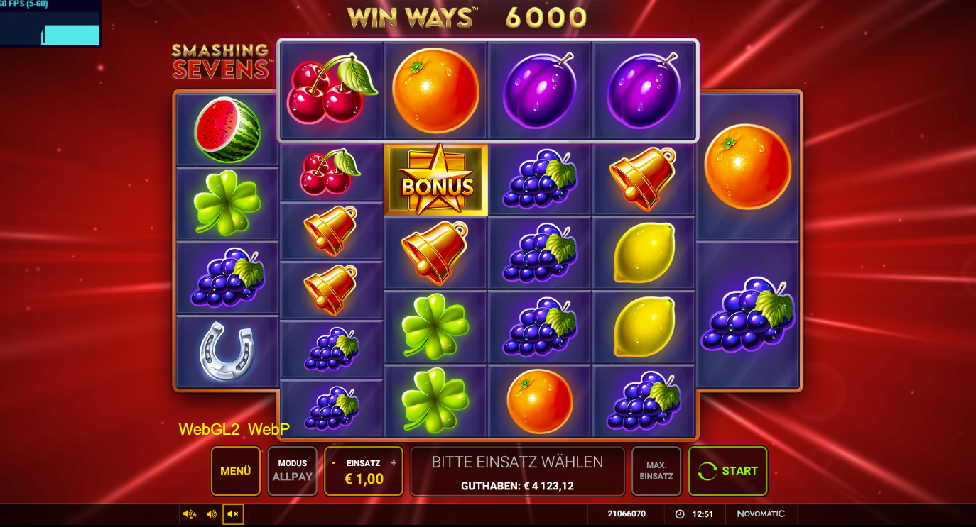 Smashing-Seven-Win-Ways-Slot mit Bonus‑Stern, Glocken, Orangen, Trauben und Kleeblatt.