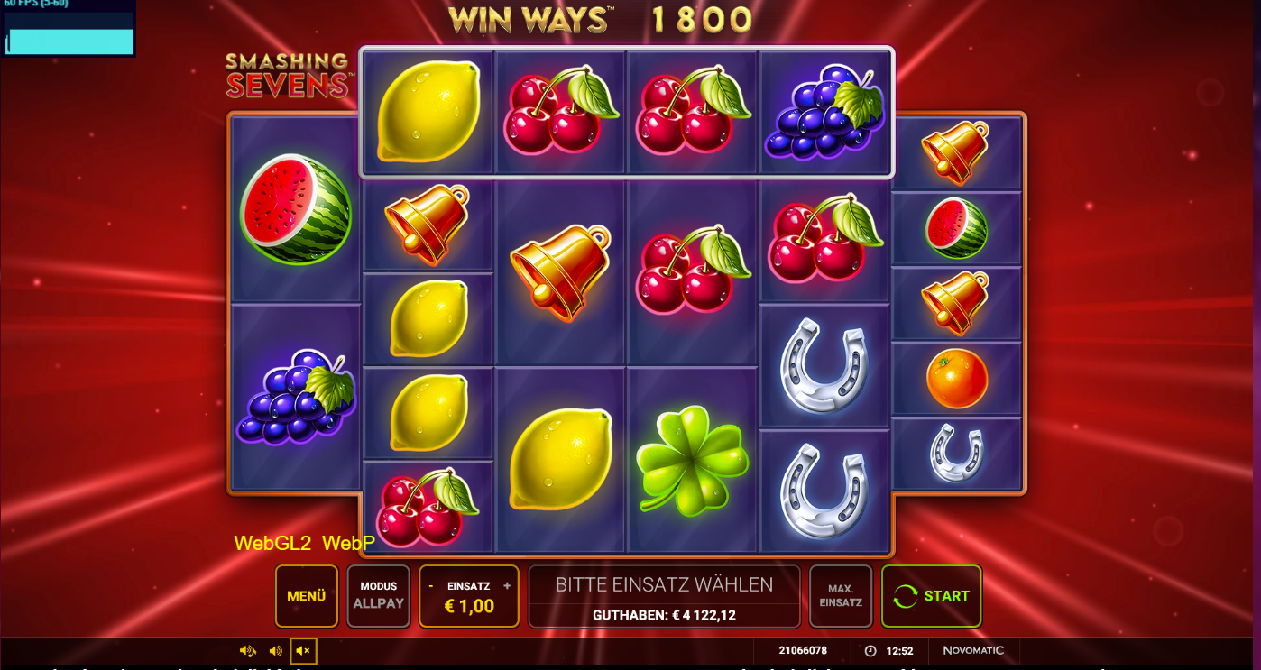 Smashing-Seven-Win-Ways-Slot mit Zitronen, Kirschen, Trauben, Glocken und Klee.