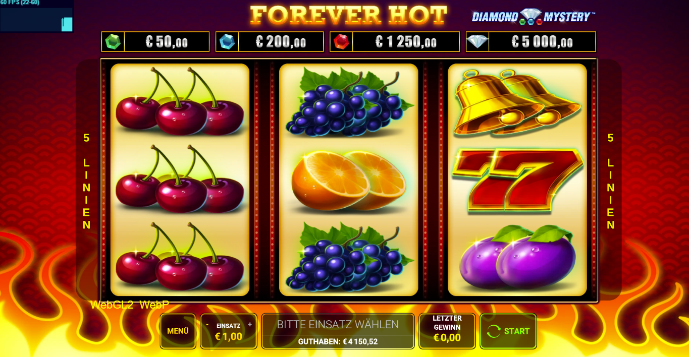 Forever-Hot-Slot mit Kirschen, Trauben, Orangen, Glocken und roten Siebenen.