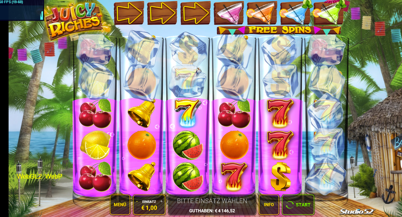 Juicy-Riches-Slot  mit Eis-Walzen, Kirschen, Zitronen, Glocken und Siebenen.