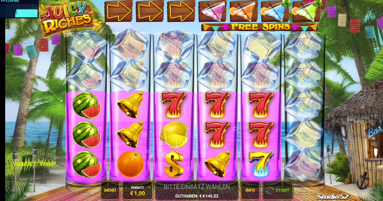 Juicy-Riches-Slot mit Eis-Walzen, Melonen, Glocken, Flammen-Siebenen und Dollarzeichen.