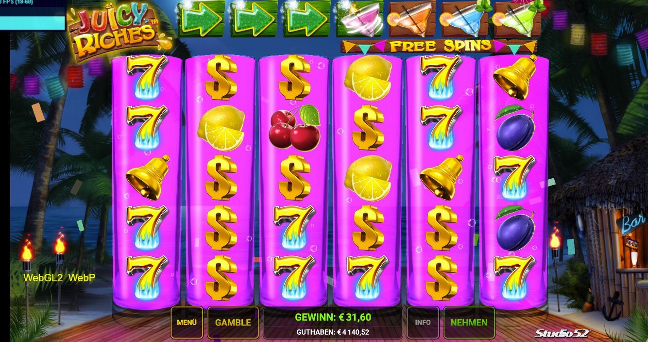 Juicy-Riches-Slot mit Siebenen, Dollarzeichen, Zitronen, Kirschen und Glocken.