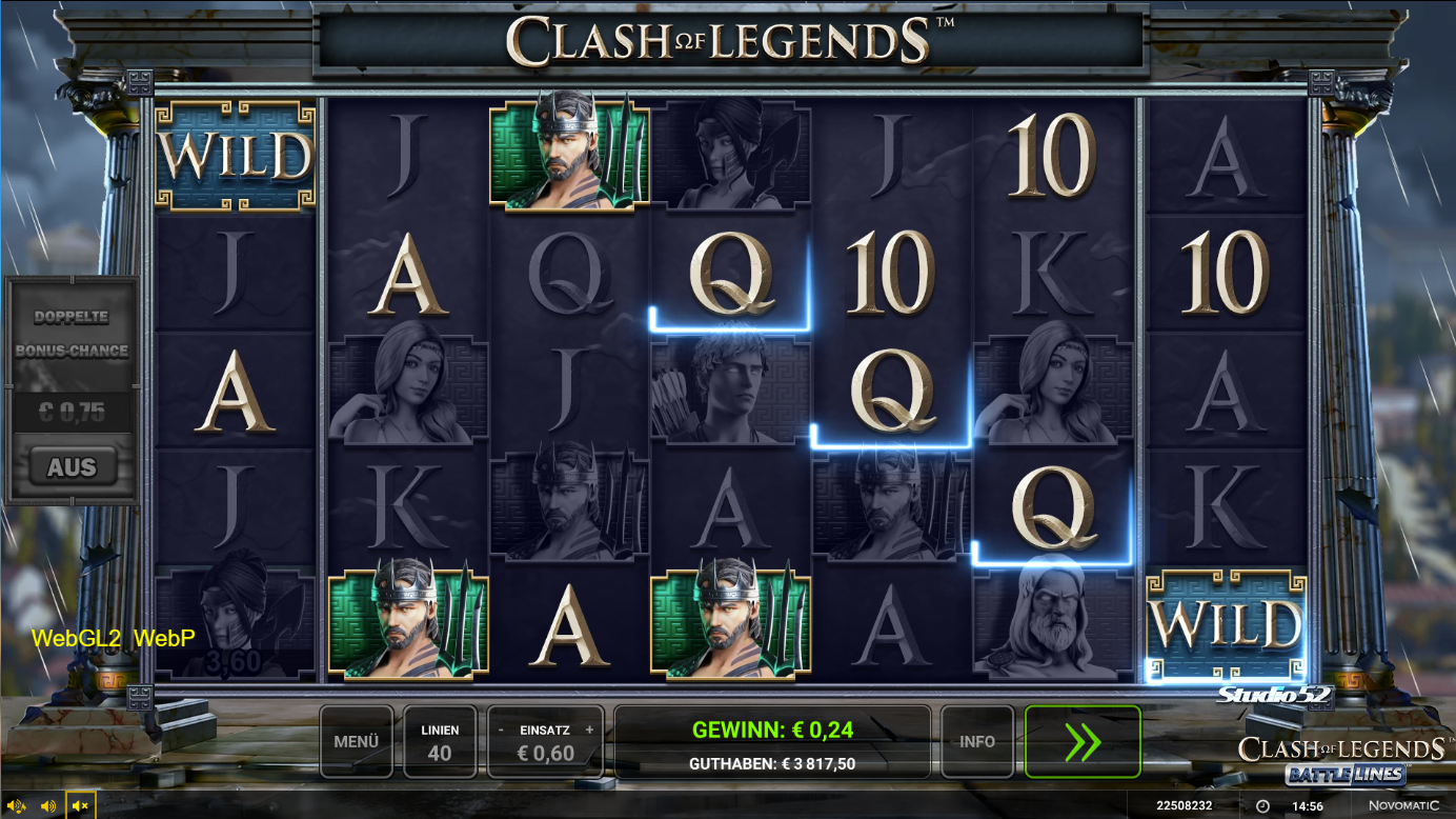 Clash-of-Legends-Battle-Lines-Slot mit WILD‑Symbol, Heldenportr&auml;ts und A‑K‑Q‑J‑10.