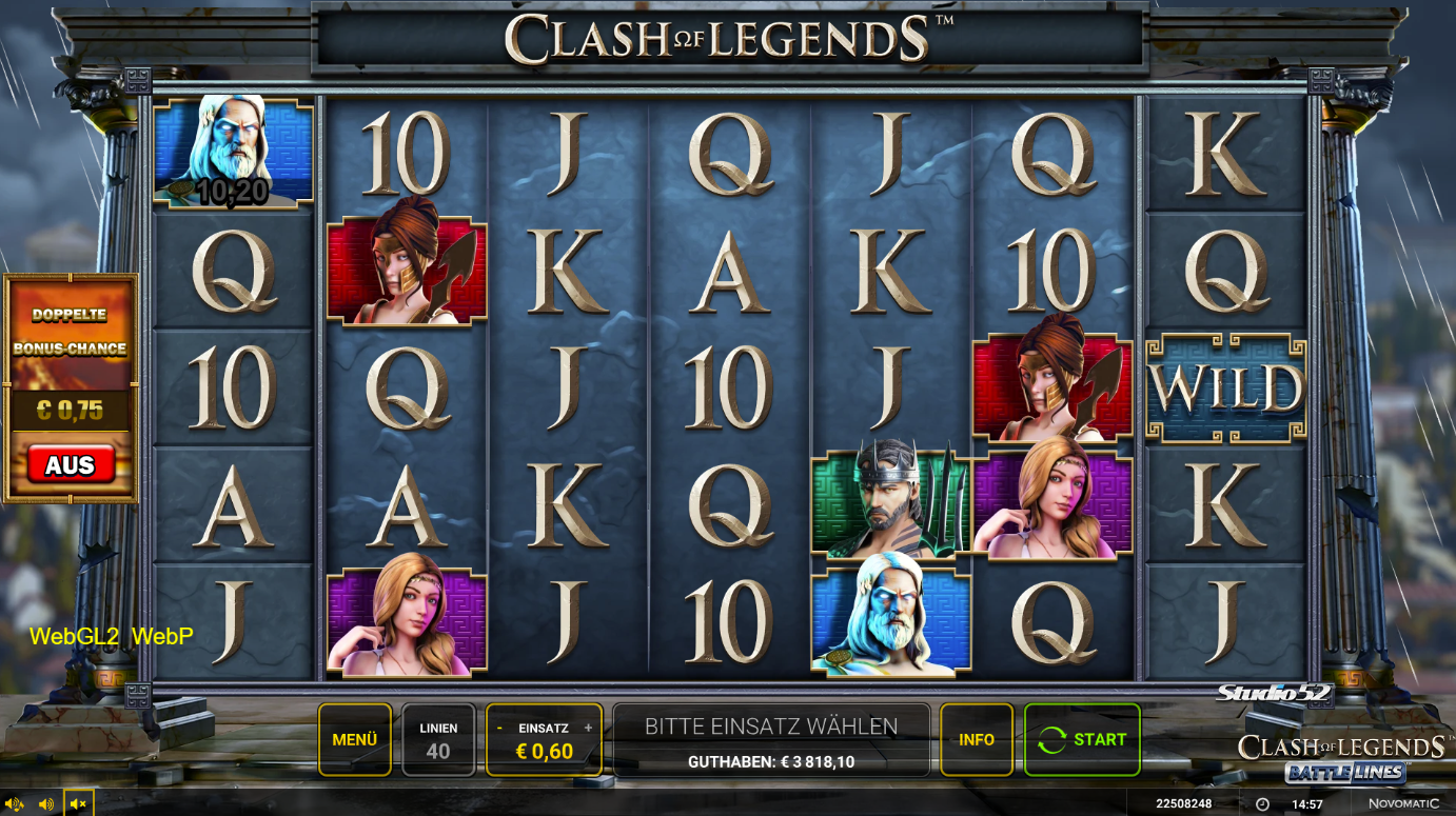 Clash-of-Legends-Battle-Lines-Slot mit WILD‑Symbolen, Heldenportr&auml;ts und Gewinnlinie.