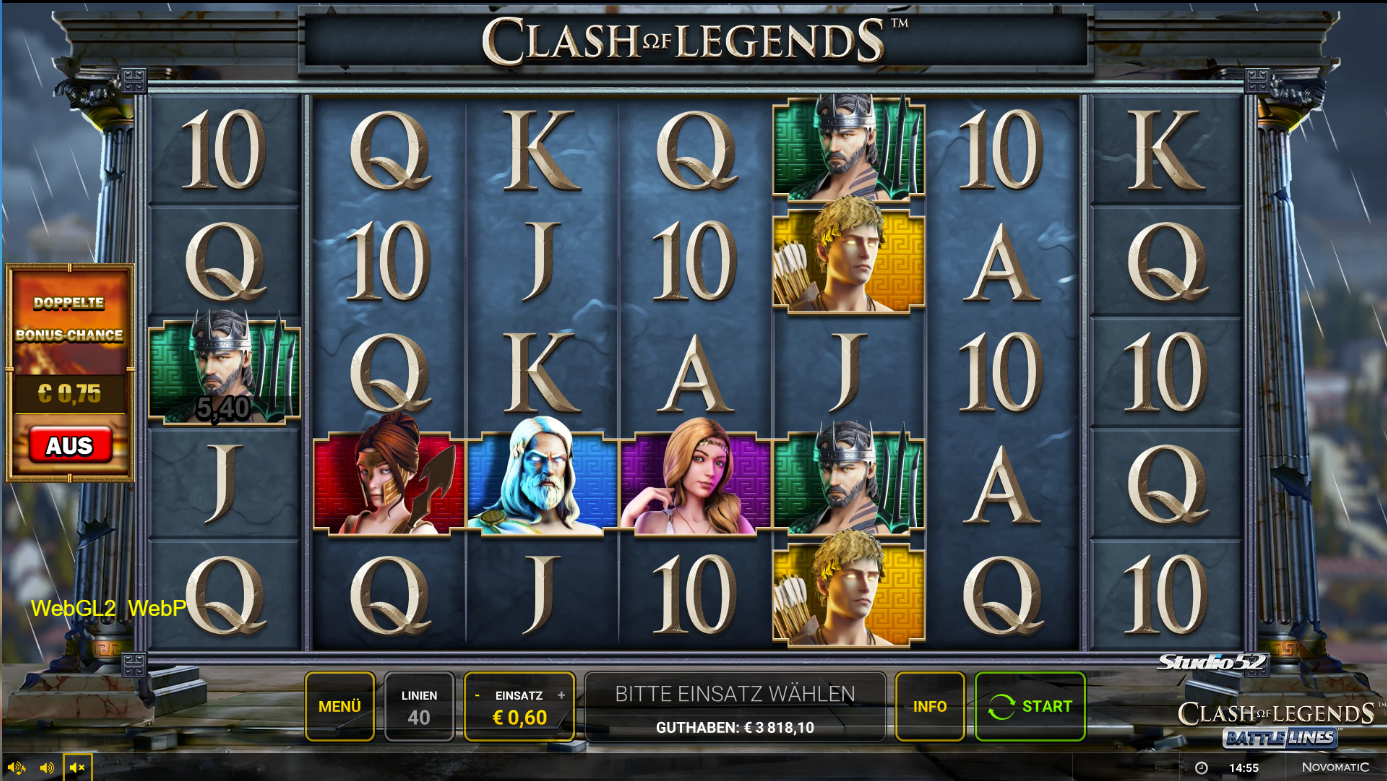 Clash-of-Legends-Battle-Lines-Slot mit Heldenportr&auml;ts, Zeus, Bogensch&uuml;tze und A‑K‑Q‑J‑10.