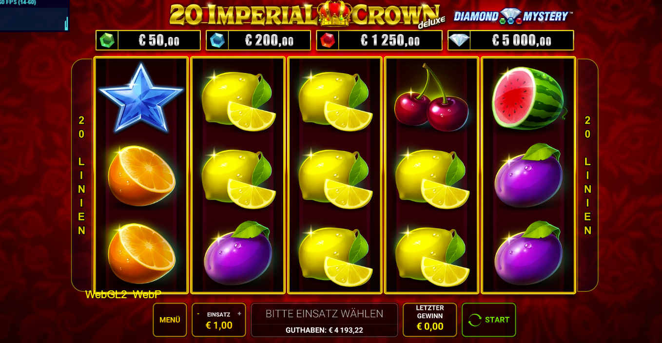 20-Imperial-Crown-deluxe-Slot mit Stern, Zitronen, Kirschen, Orangen und Melonen.