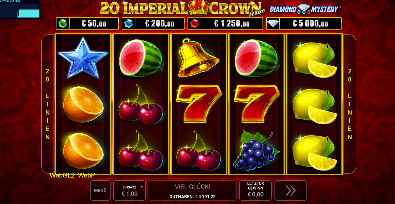 20-Imperial-Crown-deluxe-Slot mit Stern, Melone, Glocke, Siebenen und Zitronen.