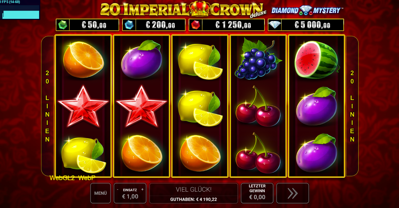20-Imperial-Crown-deluxe-Slot mit Sternen, Orangen, Zitronen, Trauben und Kirschen.