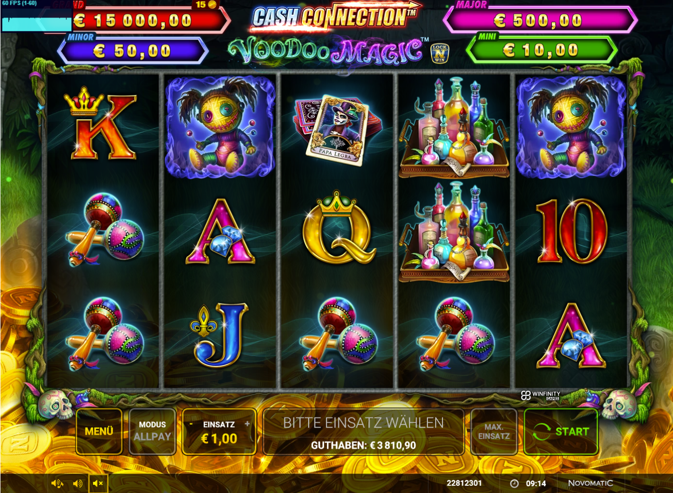 Cash-Connection-Voodoo-Magic-Slot mit Voodoo‑Puppen, Papa‑Legba‑Karten, Tr&auml;nken und Rasseln.