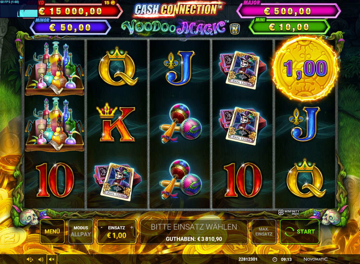 Cash-Connection-Voodoo-Magic-Slot mit Papa‑Legba‑Karten, Rasseln, Tr&auml;nken und Geldm&uuml;nze.