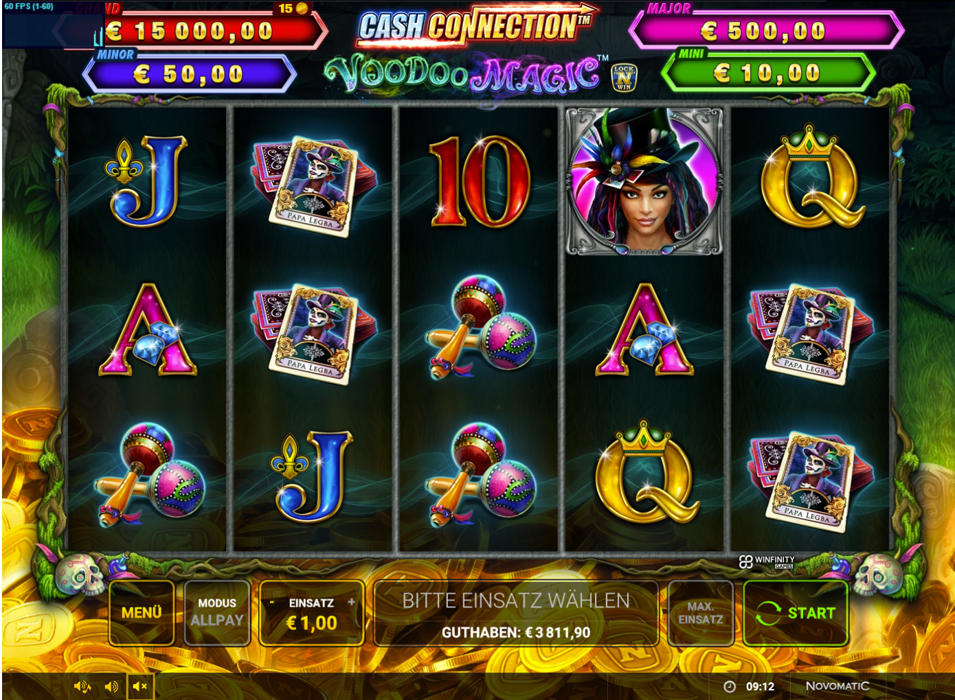 Cash-Connection-Voodoo-Magic-Slot mit Papa‑Legba‑Karten, Voodoo‑Priesterin und Rasseln.