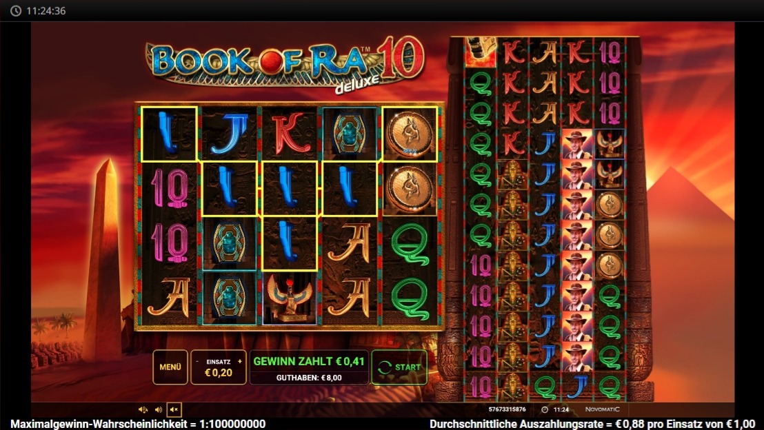 Book of Ra deluxe 10: rotes W&uuml;sten-Slotspiel mit Buch und Gewinnlinie