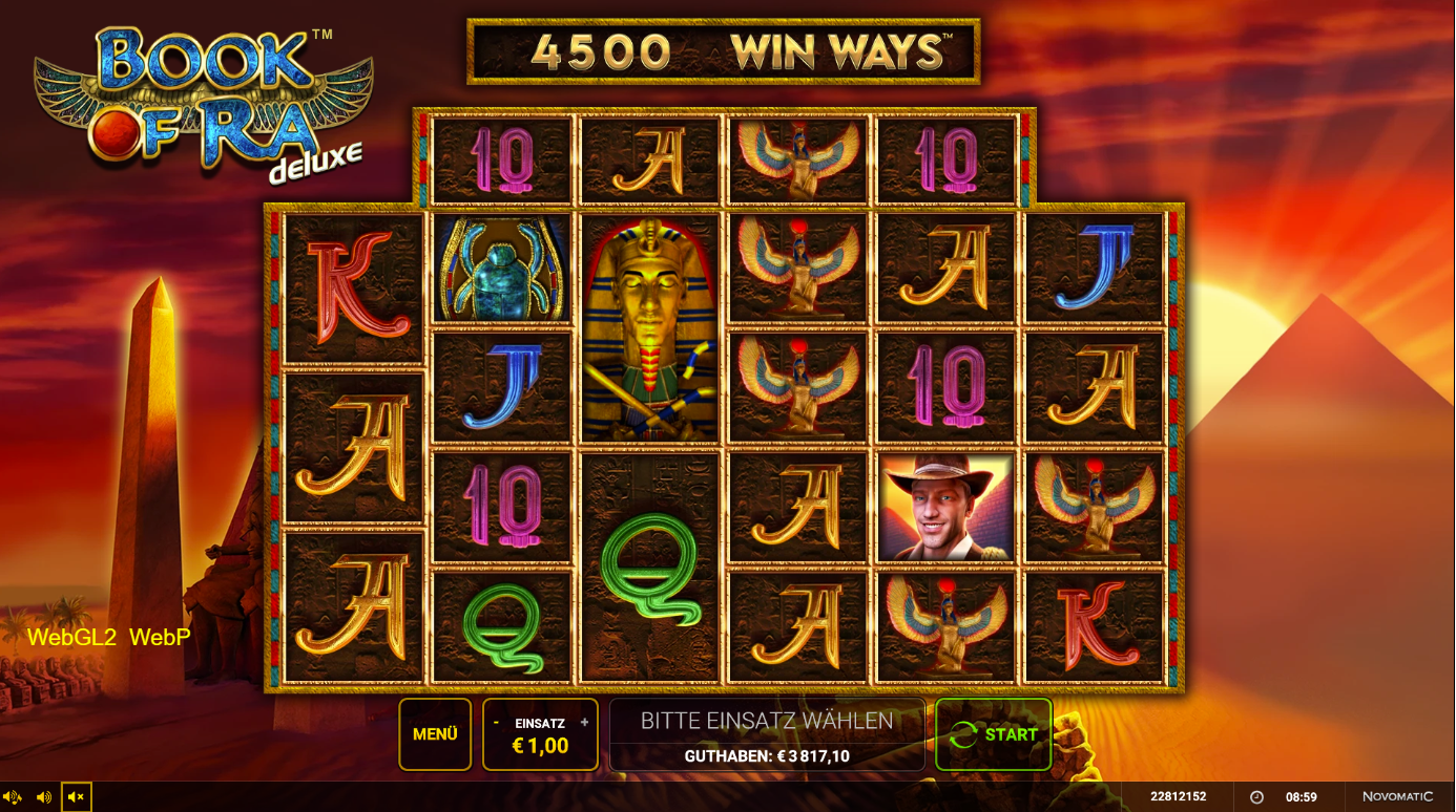 Book-of-Ra-deluxe-Win-Ways-Slot mit Pharaomaske, Skarab&auml;us, Horusfalke und Symbolen.