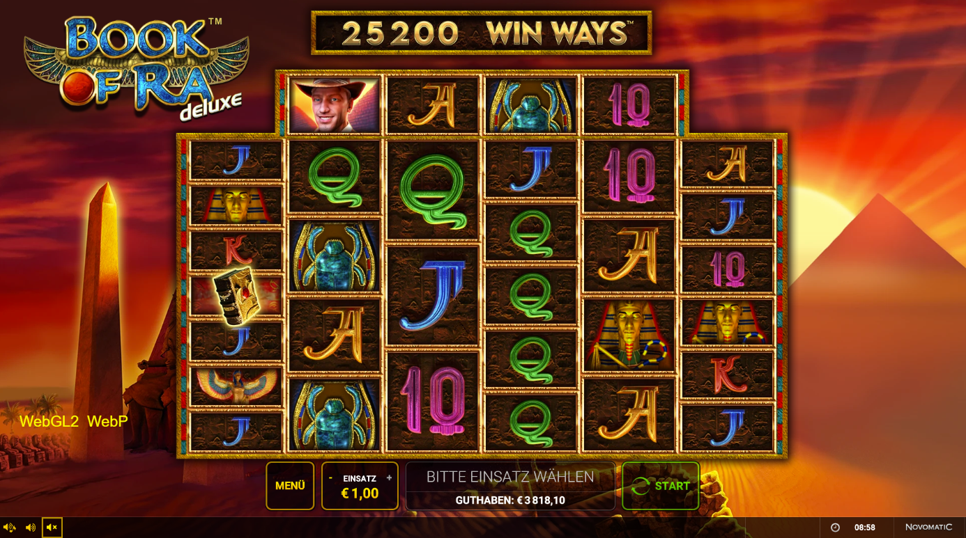 Book-of-Ra-deluxe-Win-Ways-Slot mit Buch‑Scatter, Skarab&auml;us, Pharaomaske und Symbolen.