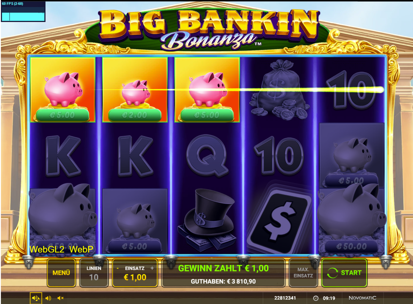Big-Bankin-Bonanza-Slot mit Sparschwein‑Geldwerten, Gewinnlinie und Geldsymbolen.