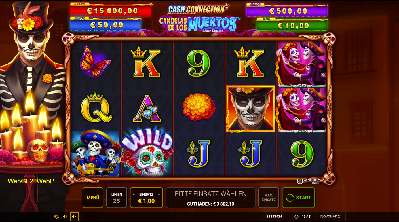 Cash-Connection-Candelas-de-los-Muertos-Senor-Muerte-Slot mit WILD‑Totenkopf, Mariachi und Totenkopfpaar.