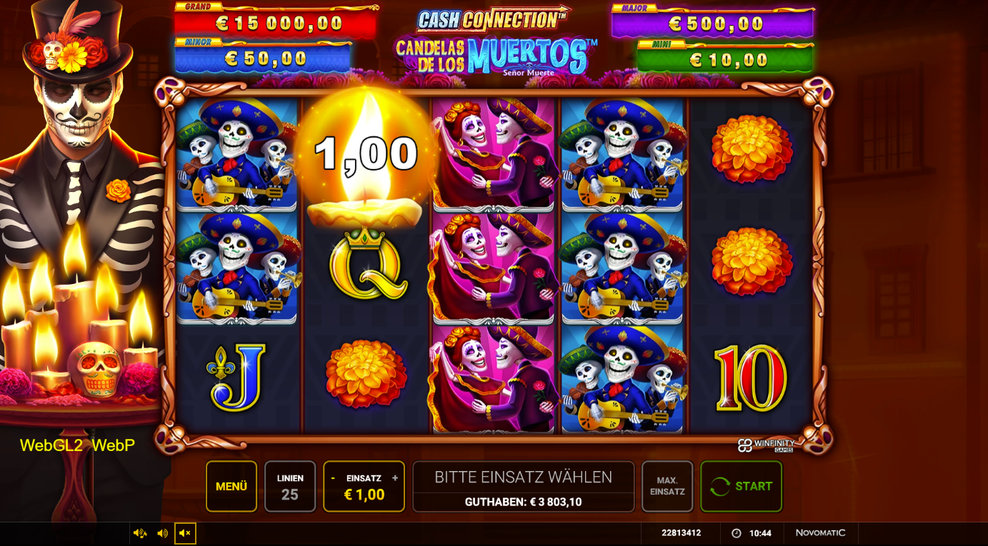 Cash-Connection-Candelas-de-los-Muertos-Senor-Muerte-Slot mit Geldkerze, Mariachis und Totenkopfpaar.