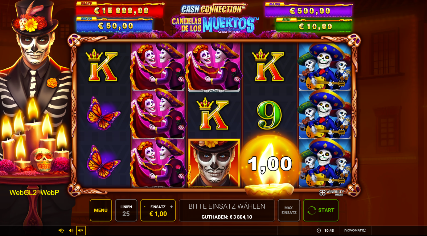 Cash-Connection-Candelas-de-los-Muertos-Senor-Muerte-Slot mit Geldkerze, Totenkopfpaar und Mariachi.