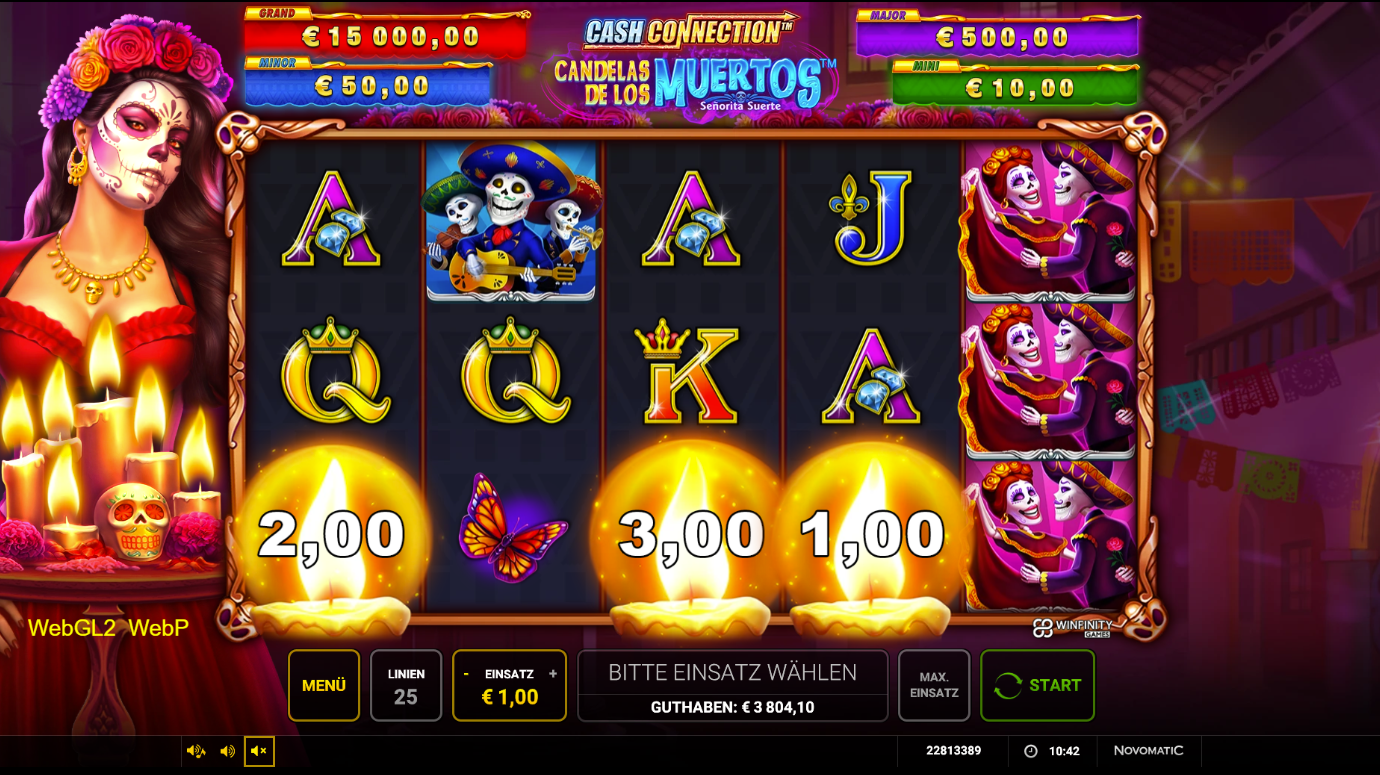 Cash-Connection-candelas-de-los-Muertos-Senorita-Suerte-Slot mit Geldkerzen, Totenkopfpaar und Mariachi.