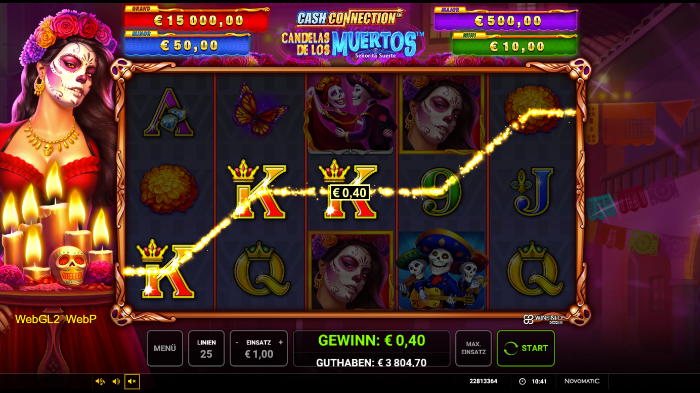 Cash-Connection-candelas-de-los-Muertos-Senorita-Suerte-Slot mit Gewinnlinie, Totenkopf‑Portr&auml;ts und Mariachi.