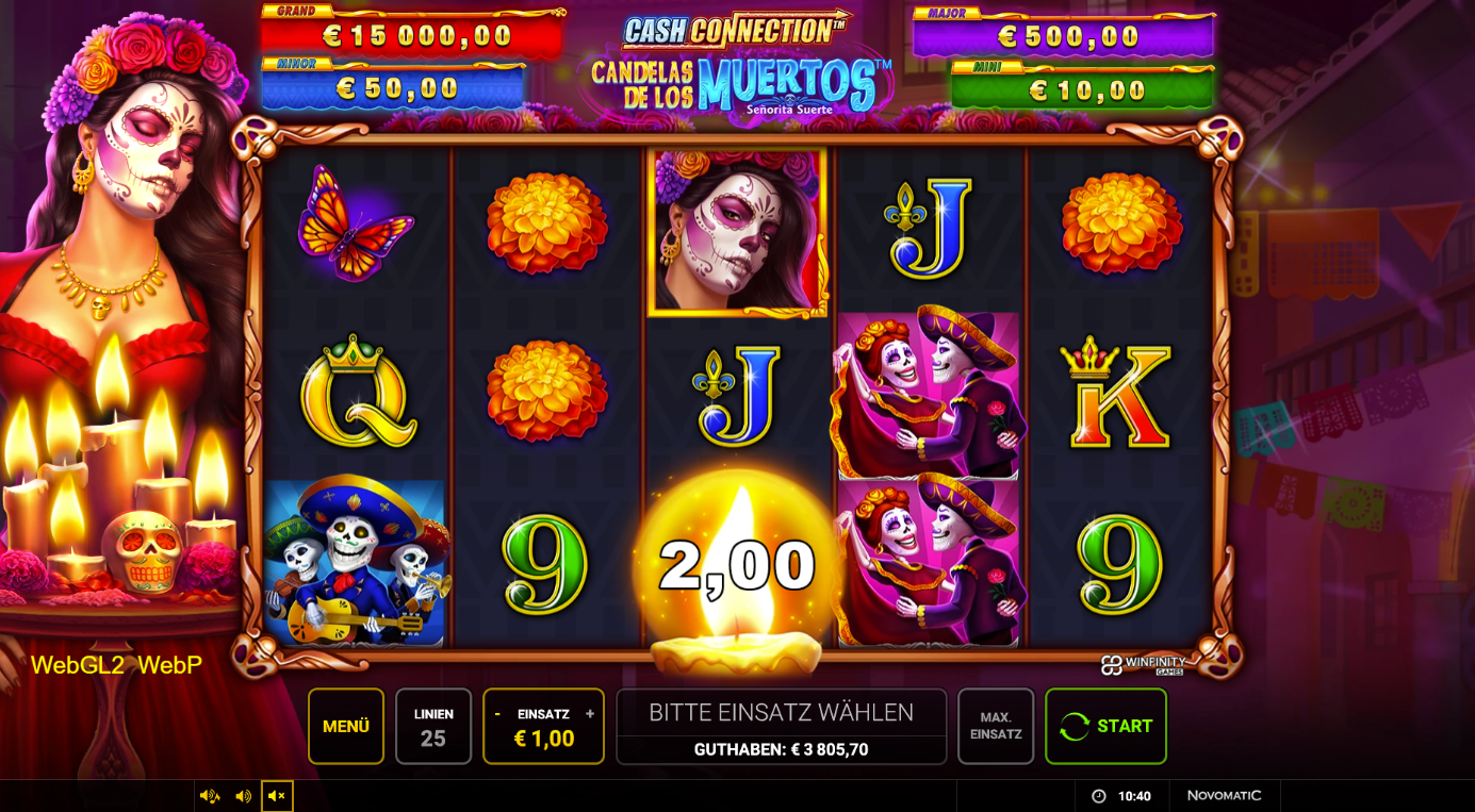 Cash-Connection-candelas-de-los-Muertos-Senorita-Suerte-Slot mit Kerze, Totenkopfpaar, Blumen und Schmetterling.
