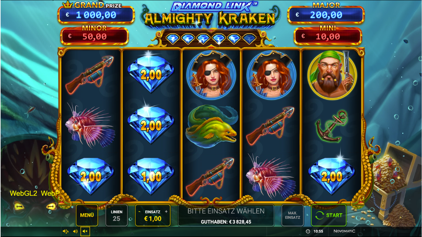 Diamond-Link-Almighty-Kraken-Slot mit Diamant‑Geldwerten, Mur&auml;ne, Piratin und Harpune.