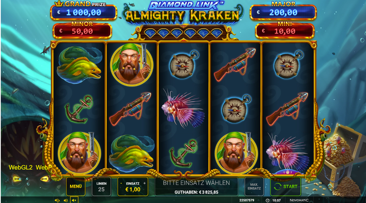 Diamond-Link-Almighty-Kraken-Slot mit Mur&auml;ne, Kompass, Anker, Gewehr und Rotfeuerfisch.