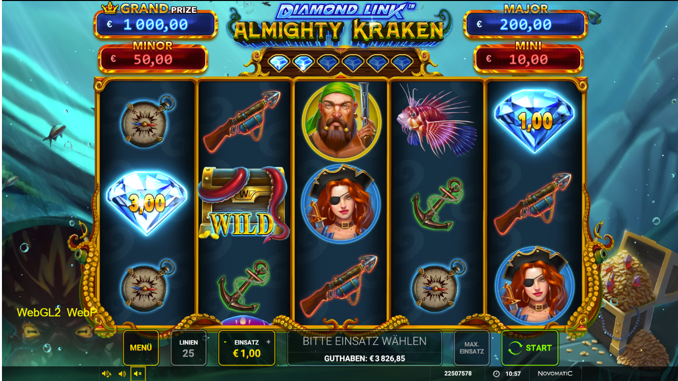 Diamond-Link-Almighty-Kraken-Slot mit Wild‑Truhe, Diamanten, Anker, Kompass und Piratensymbolen.