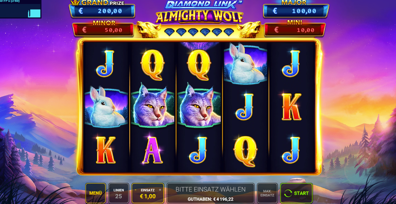 Diamond-Link-Almighty-Wolf-Slot mit Katzen‑ und Hasensymbolen und Kartenwerten.