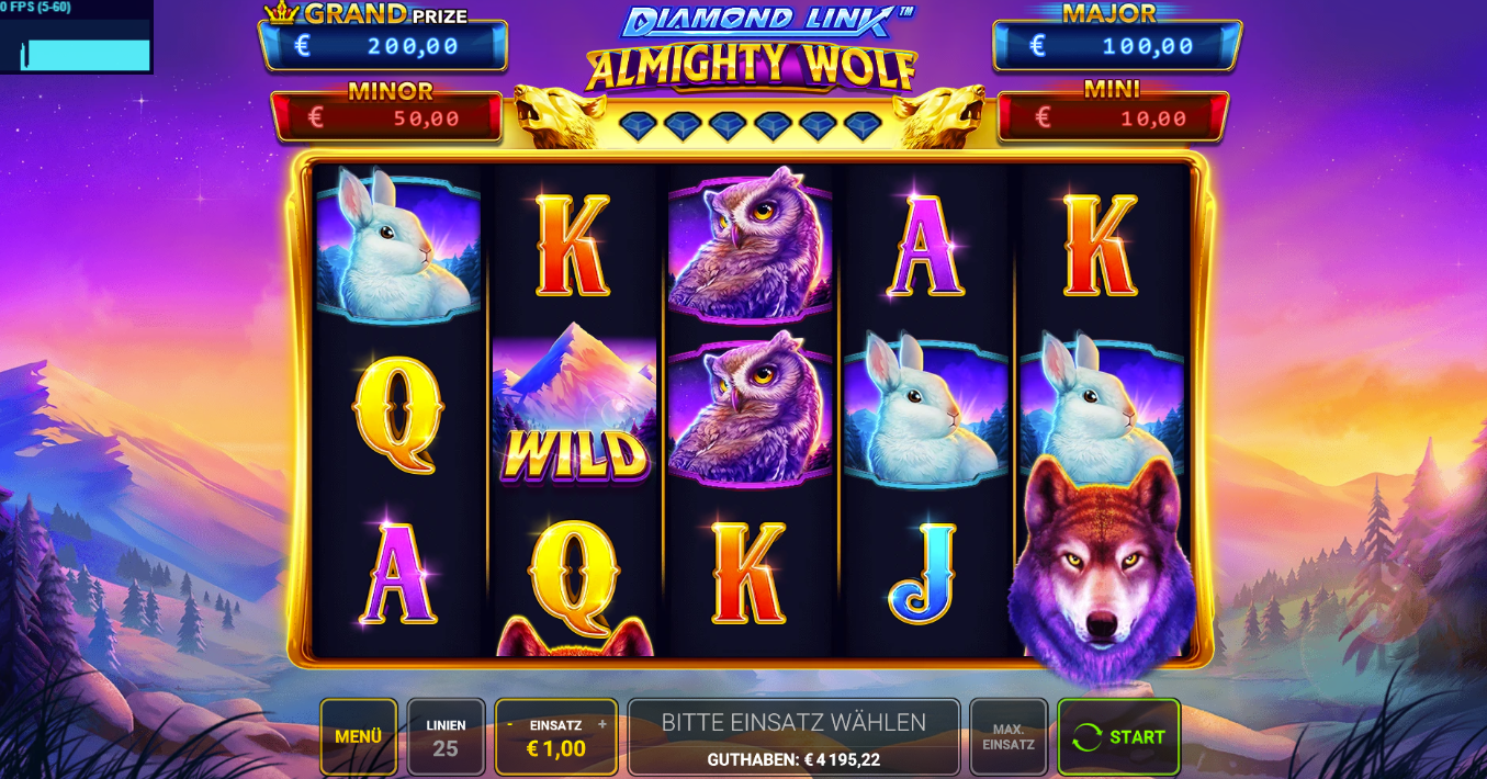 Diamond-Link-Almighty-Wolf-Slot Wolf, Eule, Hasen, Wild‑Berg und Kartenwerten.