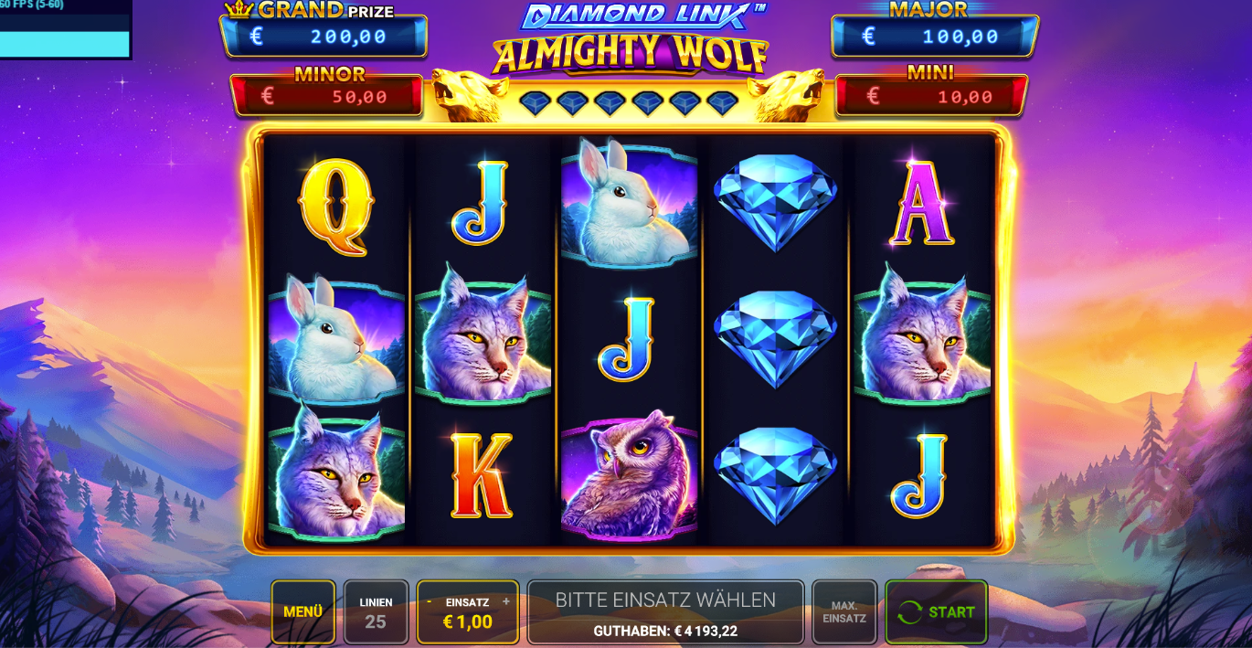 Diamond-Link-Almighty-Wolf-Slot mit Wolf, Katze, Eule, Hasen, Diamanten und Kartenwerten.