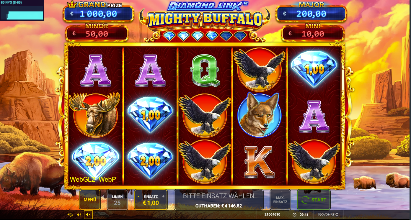 Diamond-Link-Mighty-Buffalo-Slot mit Elch, Adler, Kojote und Diamanten-Jackpots.