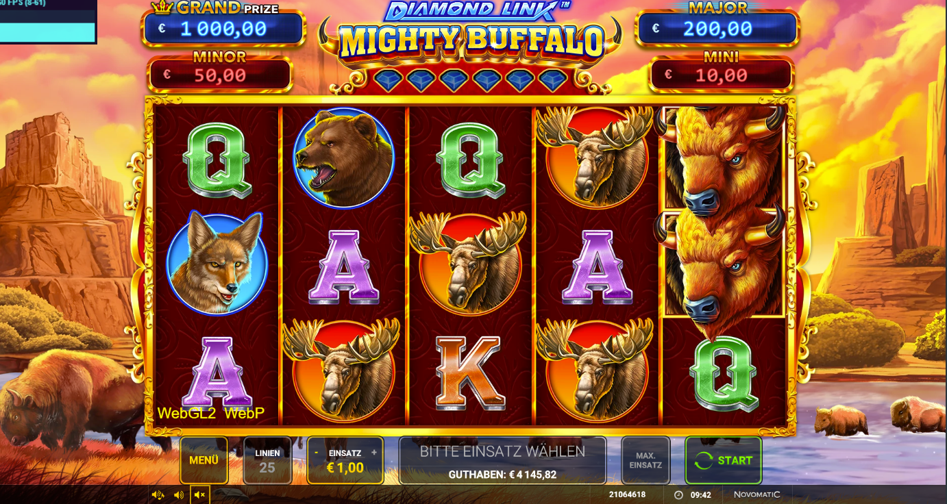 Diamond-Link-Mighty-Buffalo-Slot mit B&auml;r, Kojote, Elch, gestapeltem B&uuml;ffel‑Wild.