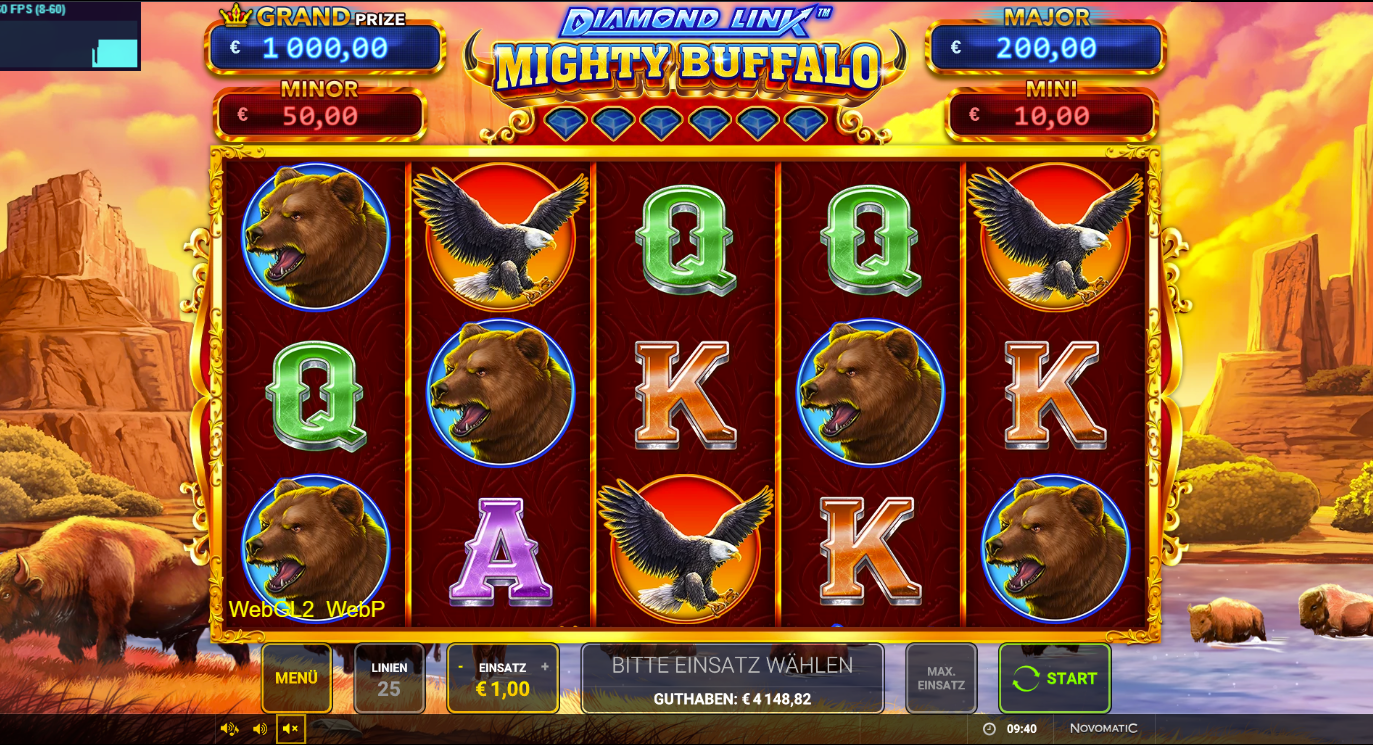 Diamond-Link-Mighty-Buffalo-Slot mit B&auml;ren, Adler, Kartenwerten und Jackpot‑Leiste.