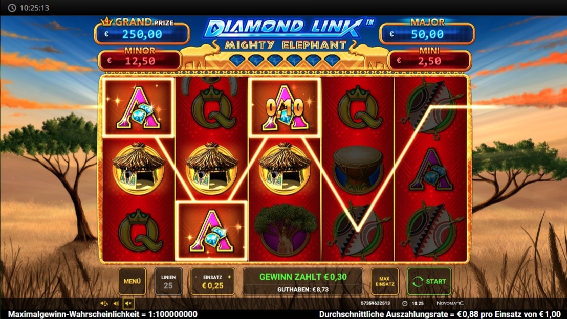 Diamond Link Mighty Elephant: Slotspiel mit Gewinnlinie und Symbolen