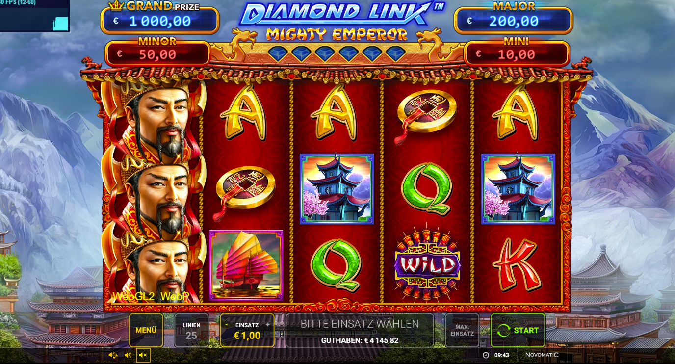 Diamond-Link-Mighty-Emperor-Slot mit Kaiserportr&auml;t, Pagode, Dschunke, M&uuml;nzen und Wild‑Symbol.