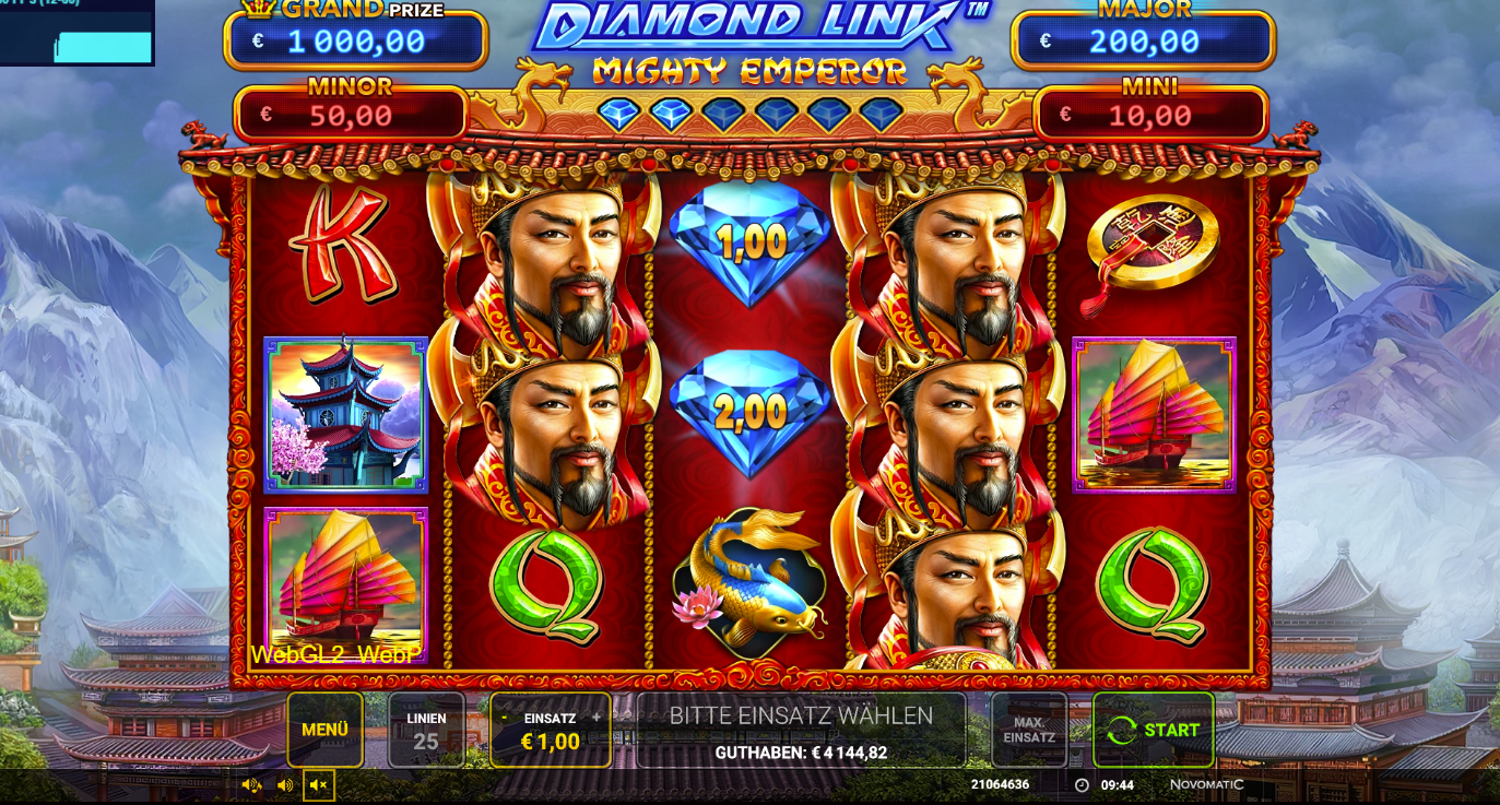 Diamond-Link-Mighty-Emperor-Slot mit Kaiser‑Symbolen, Diamanten, Koi‑Fisch und Pagoden.