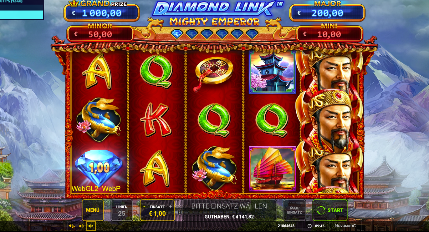 Diamond-Link-Mighty-Emperor-Slot mit Kaiser‑Stapelsymbol, Koi‑Fischen, Pagode, Dschunke.